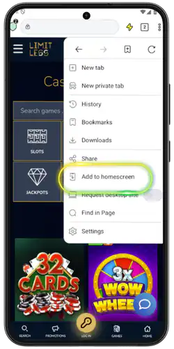 Limitless Casino Add to Home Screen